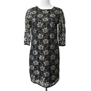 Sam & Lavi Shift Dress Sheer Lace Overlay Navy & Metallic Gold Party Glam Sz XS